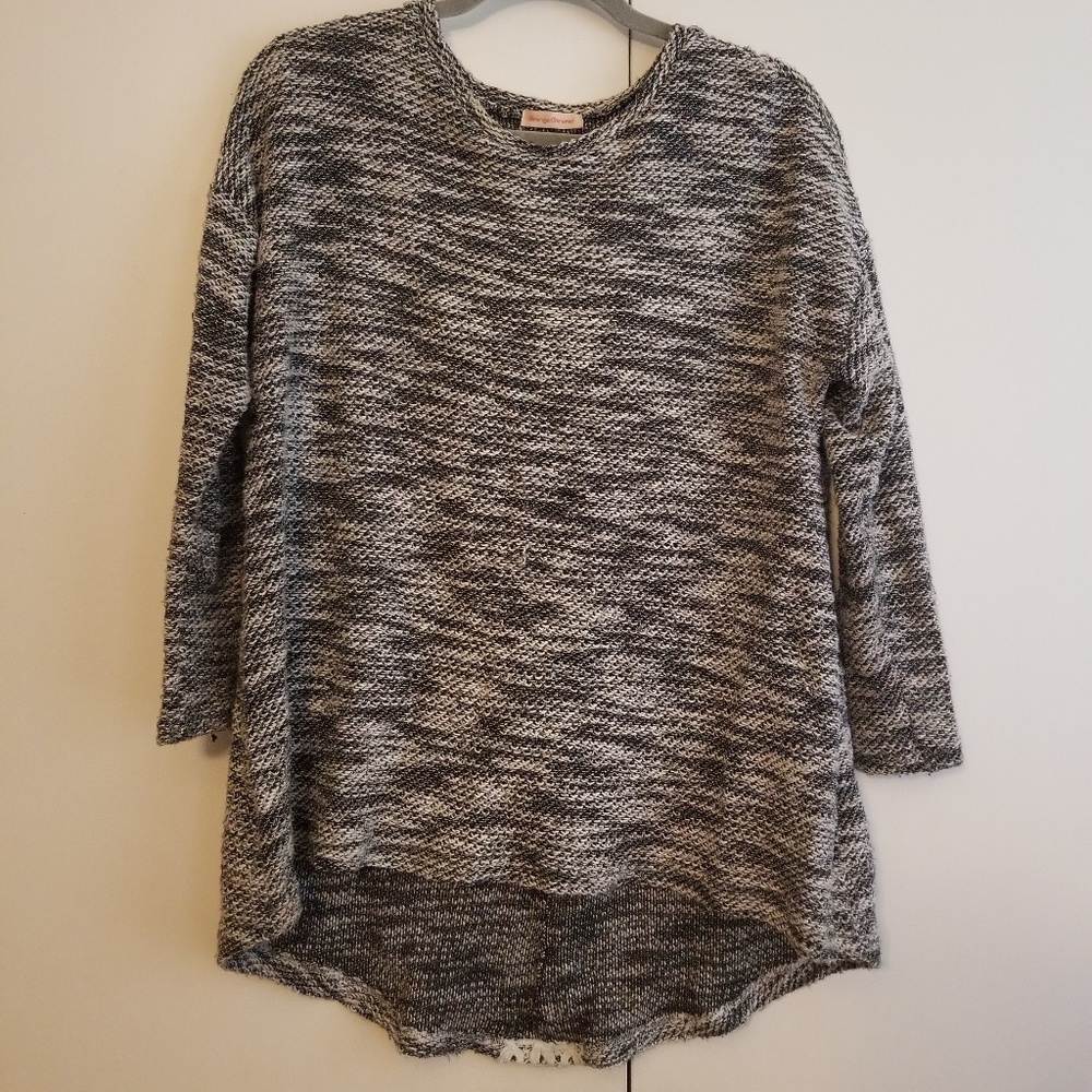 Marled gray high-low sweater with lace back detail